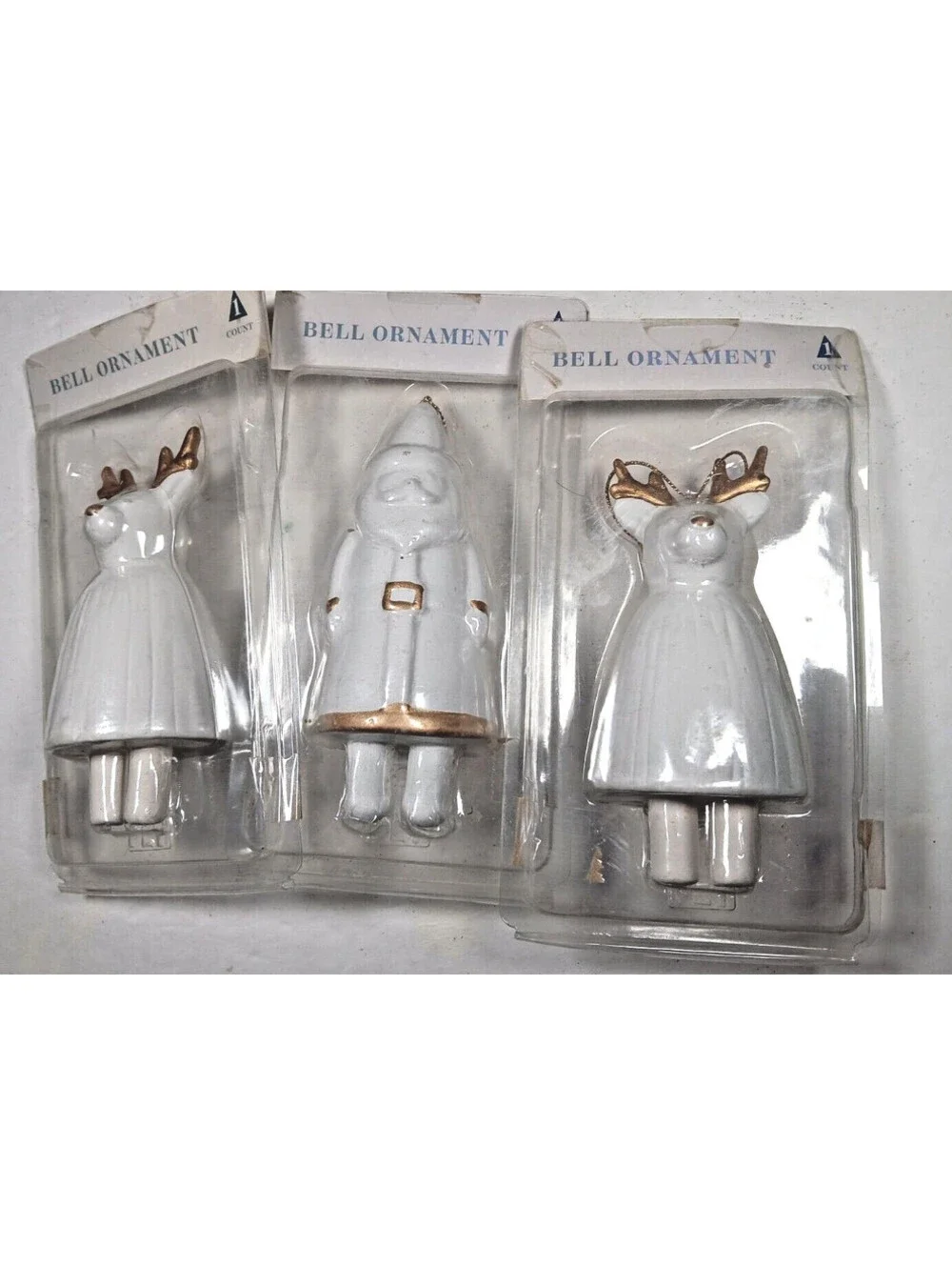 3 Target 2023 Christmas White & Gold Bell Ornaments 5 1/4” Tall Santa Deer
